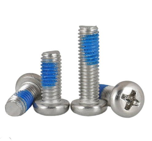 Paidu 304 stainless steel round head dispensing screw anti-loose anti-falling coated blue glue pan head screw glued screw